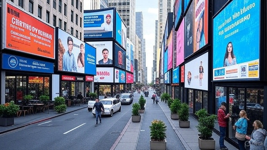 Суретте әрқайсысы үлкен, түрлі-түсті цифрлық билбордтар мен жарнамалармен жабылған биік ғимараттармен қапталған қайнаған қала көшесі көрсетілген. Көше ортасынан жаяу жүргіншілерге арналған жолға бөлінген, оның екі жағында көліктерге арналған жолақтар бар.