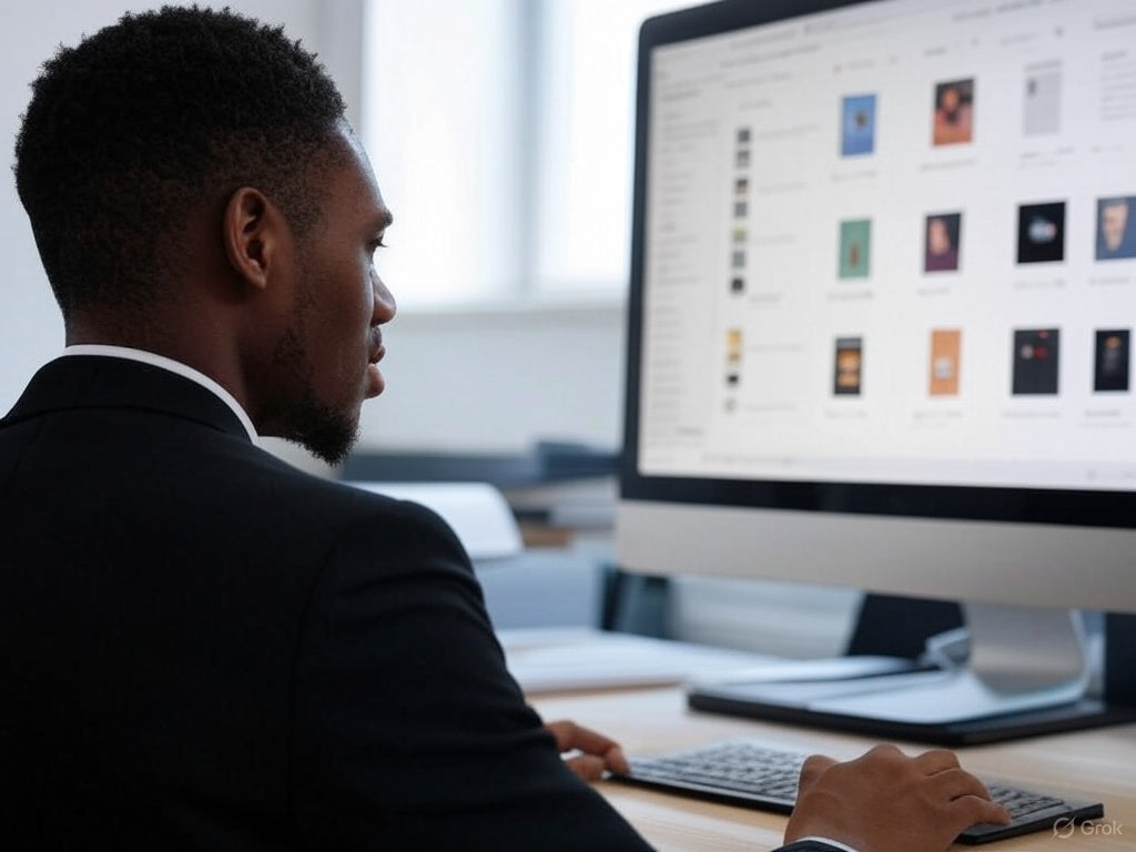 Бизнесмен интернет-дүкенді масштабтау үшін жұмыс үстелінде AI dropshipping құралын пайдаланады