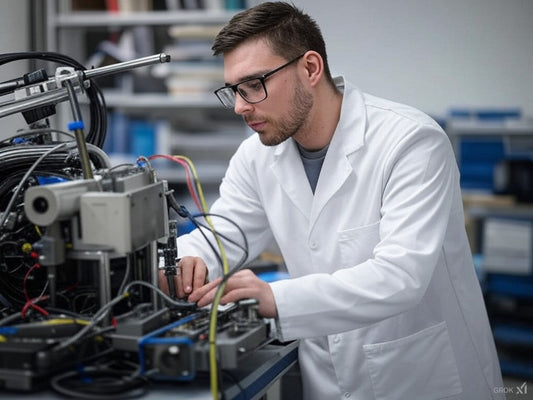 Engineer using AI-powered equipment in a high-tech lab setting