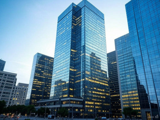 Modern glass skyscrapers representing enterprise artificial intelligence.