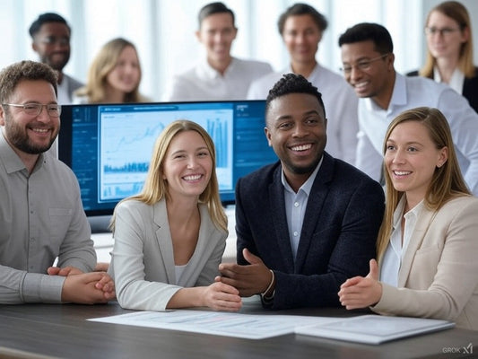The image shows a diverse group of professionals smiling and gathered around a desk in a modern office setting. Behind them, a computer screen displays data charts and graphs, suggesting a collaborative business or tech environment.