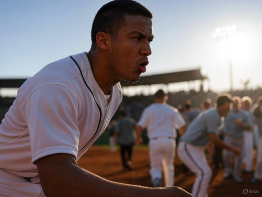 The image shows a focused baseball player in a white uniform, possibly in the middle of a game or preparing for a play.