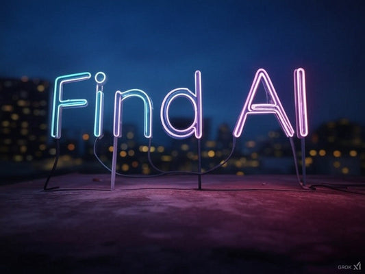 Gece şehir silüetinin önünde parlayan Find AI yazan neon tabela.