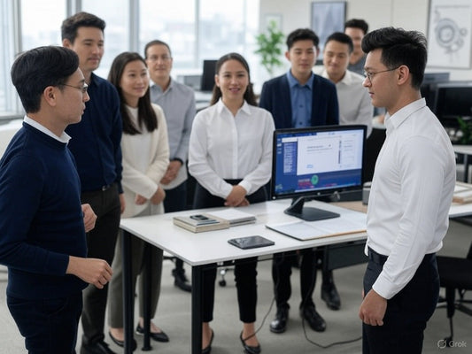 Professional team using AI recruitment software in a modern office setting.