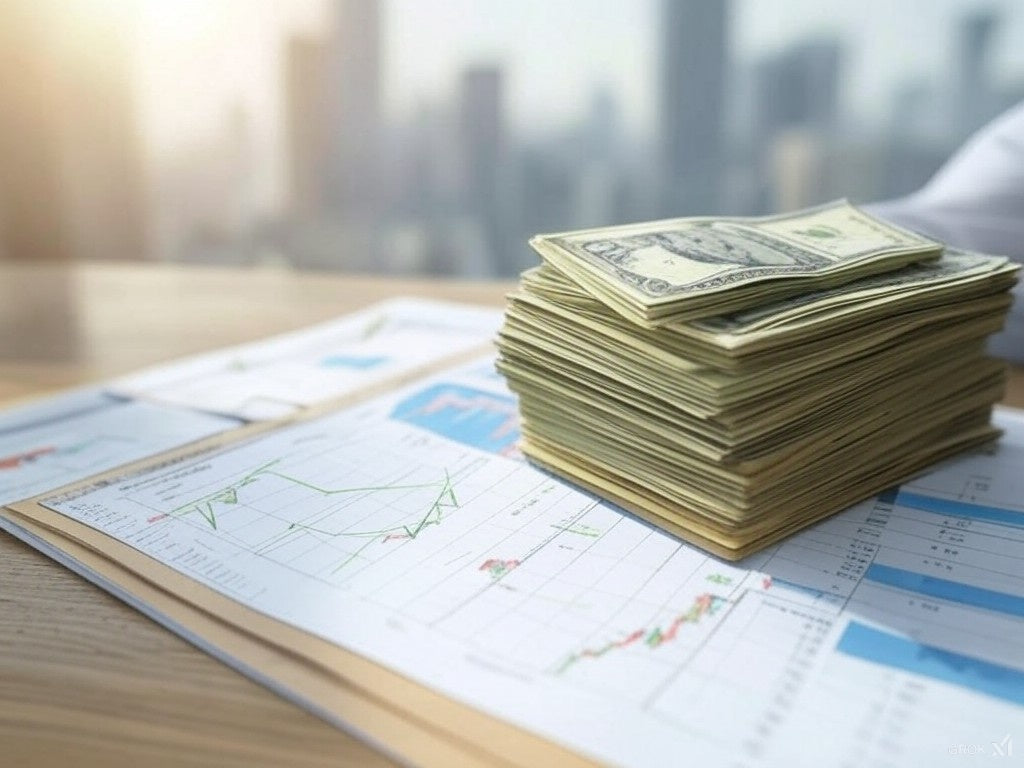 Stack of dollar bills on financial charts with rising stock trends.