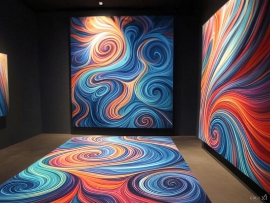 Vibrant AI-generated abstract swirl art displayed in a modern gallery.