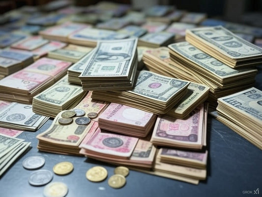 Stacks of international currency symbolizing AI-driven money-making strategies