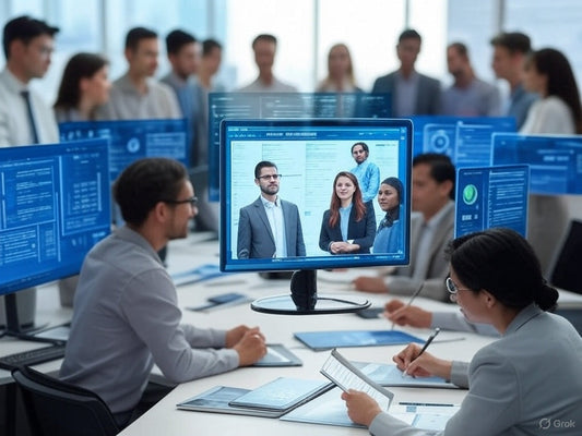 Professionals using top HR AI tools in a modern office setting.