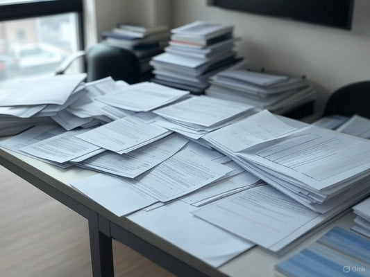 Stacks of research papers scattered on an office desk.