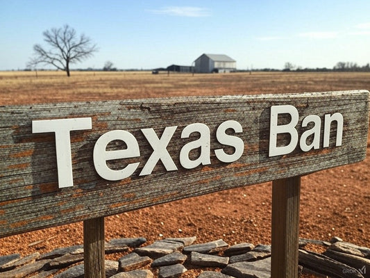 The image shows a rustic wooden sign with the words Texas Ban in bold white letters. The sign is set against a rural Texas landscape, featuring a dry, reddish-brown dirt ground, a leafless tree, and a distant barn under a clear blue sky.