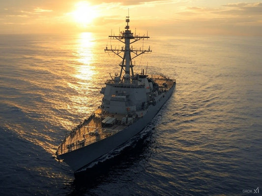 Naval warship cruising at sunset