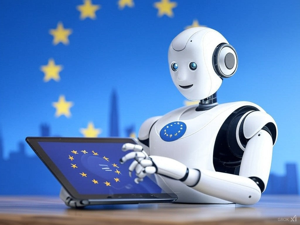 AI robot with EU emblem using laptop in front of European Union flag.