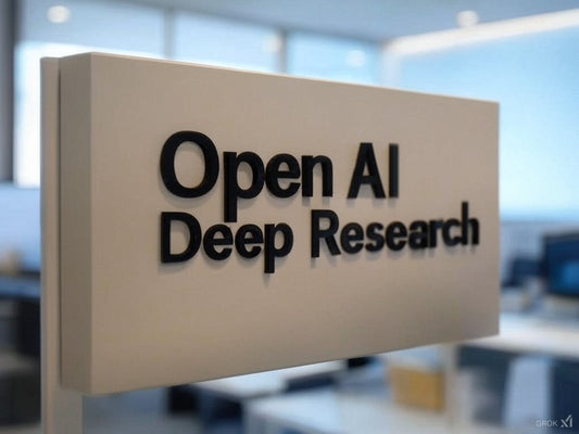 OpenAI Deep Research sign inside a modern tech office.