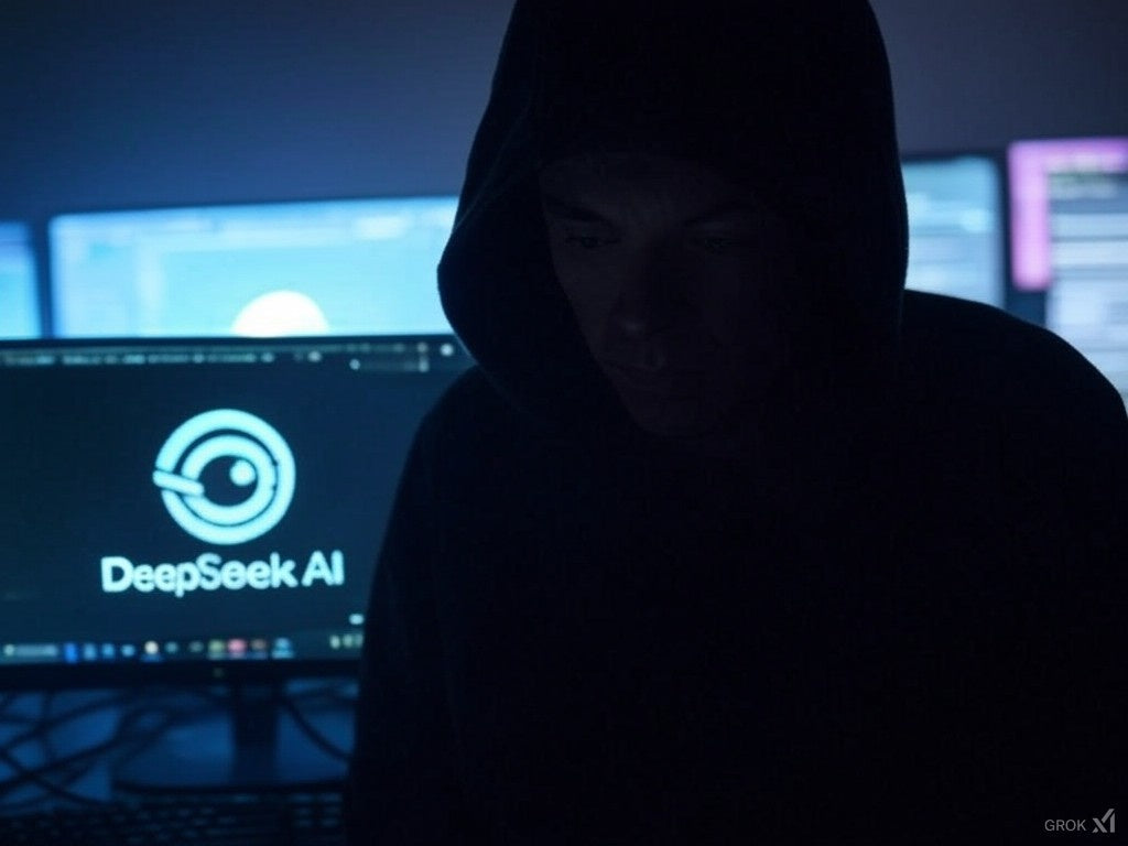 Hooded figure in dark room with DeepSeek AI logo on computer screen.