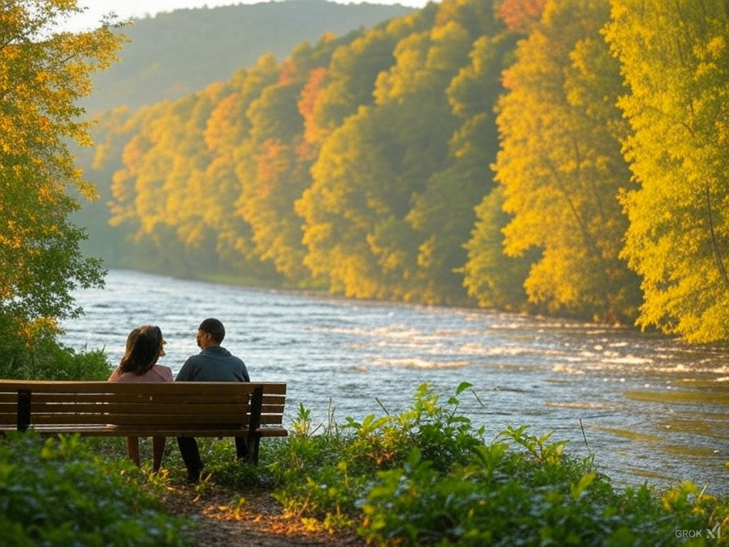 Күзгі ағаштармен қоршалған өзен жағасындағы орындықта отырған жұп