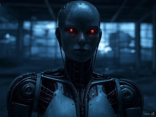 Dark humanoid robot with glowing red eyes in eerie, dimly lit warehouse.