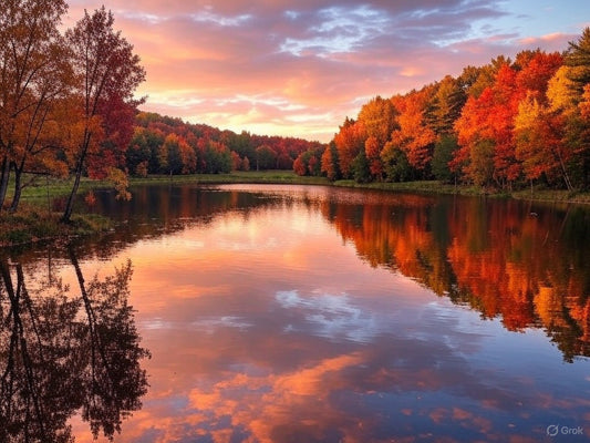 Vibrant autumn trees reflecting on a calm lake at sunset.