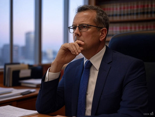 Thoughtful lawyer in office using Pre-Lawyer AI for legal research.