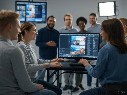 Team collaborating on creative AI project using LensGo AI software.