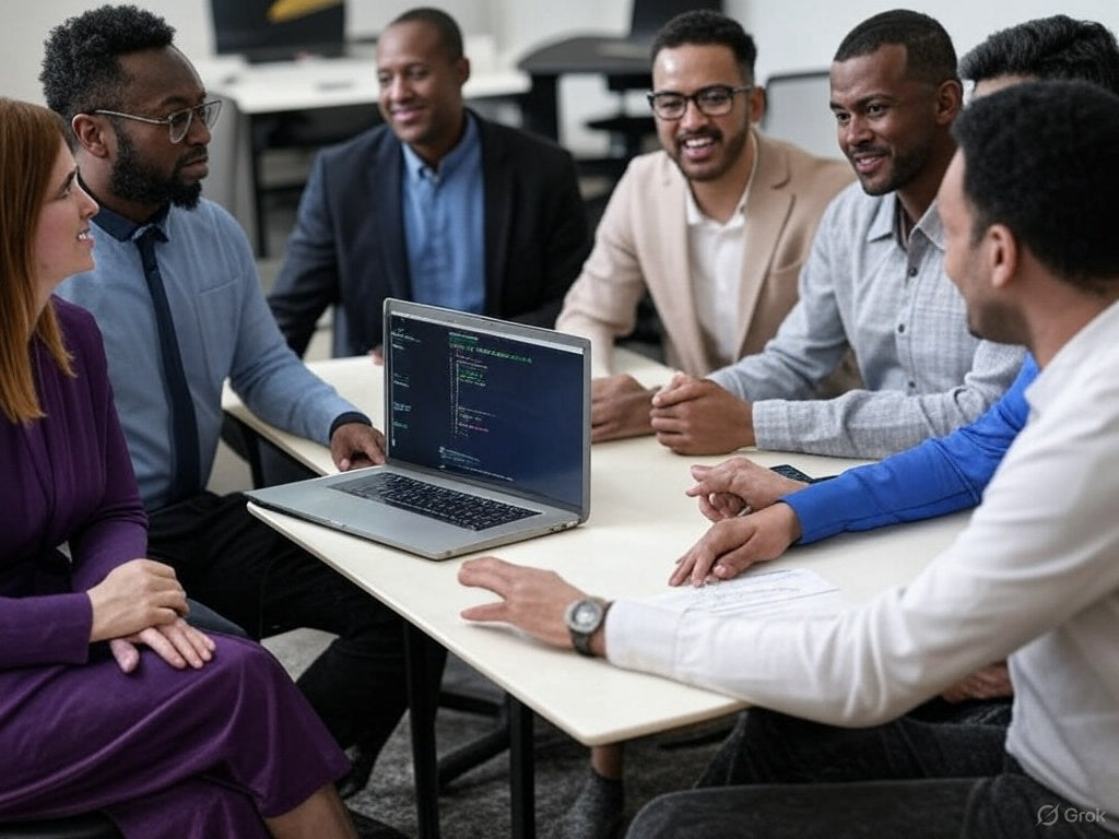 Zróżnicowany zespół dyskutuje przy laptopie na temat narzędzi open source dotyczących sztucznej inteligencji.