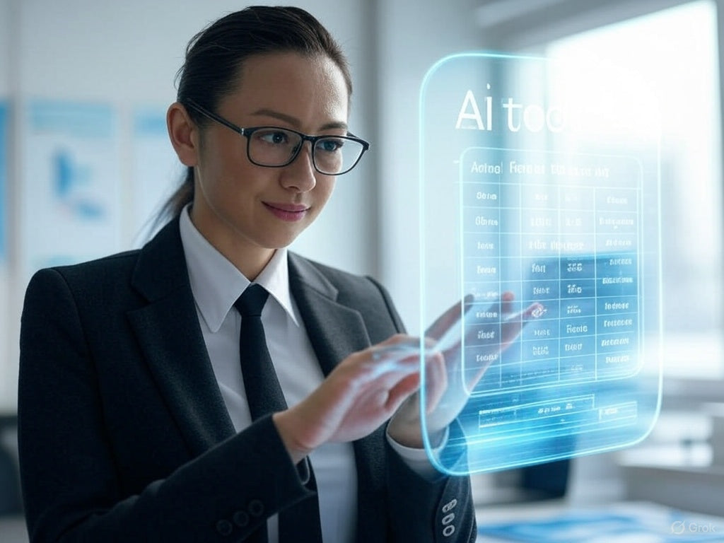 Фармацевтикалық сатылымдарды талдау үшін футуристік AI құралдарын пайдаланатын іскер әйел.