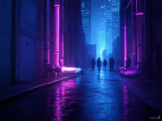 Futuristic neon-lit city alley with glowing pipes and silhouetted figures.