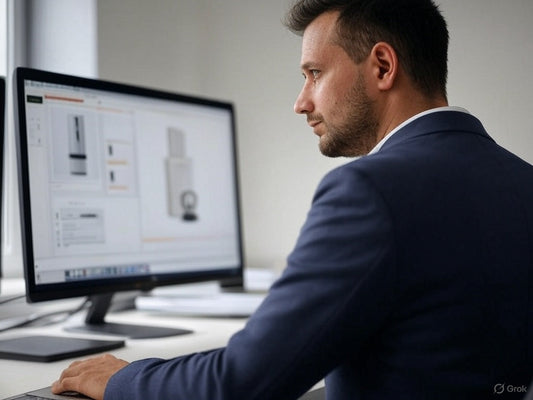Designer using AI tools for smart product design on a computer screen.