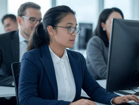Professional woman using SaaS AI software on desktop computer.