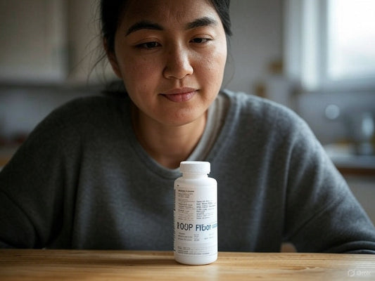 Woman contemplating a fiber supplement bottle on a kitchen table.