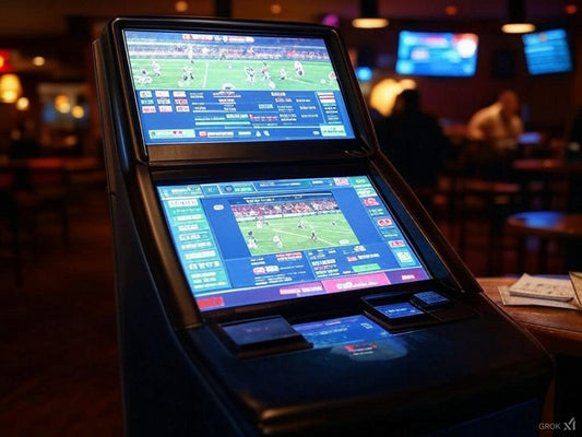 AI-powered sports betting kiosk displaying live game analytics in a casino.
