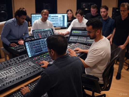 Music producers using AI tools to transform text into melodies in studio.