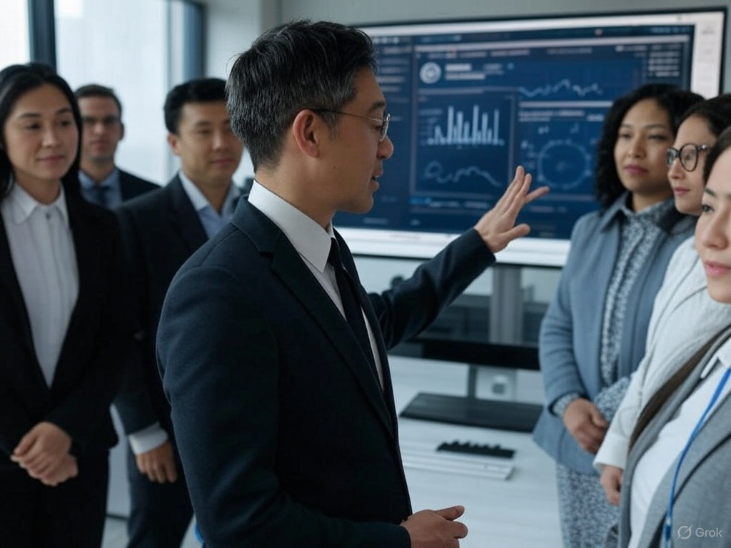 Іскерлік топ деректер бақылау тақтасының дисплейі бар AI бұлттық платформасының құралдарын талқылайды.