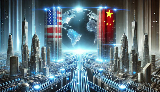 Futuristic AI cityscape with USA and China flags, digital globe center