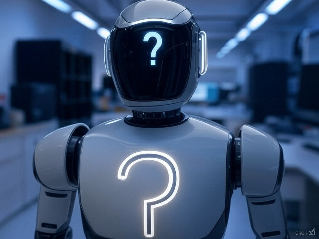 Жасанды интеллектті білдіретін сұрақ белгілері бар футуристік AI роботы.