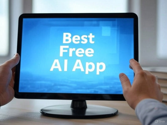 Person holding tablet displayingBest Free AI App" on screen.