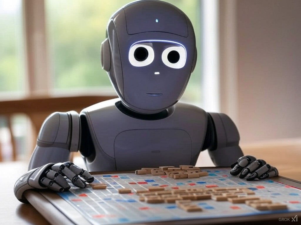 AI тіл мүмкіндіктерін көрсететін Scrabble ойнайтын гуманоид робот.