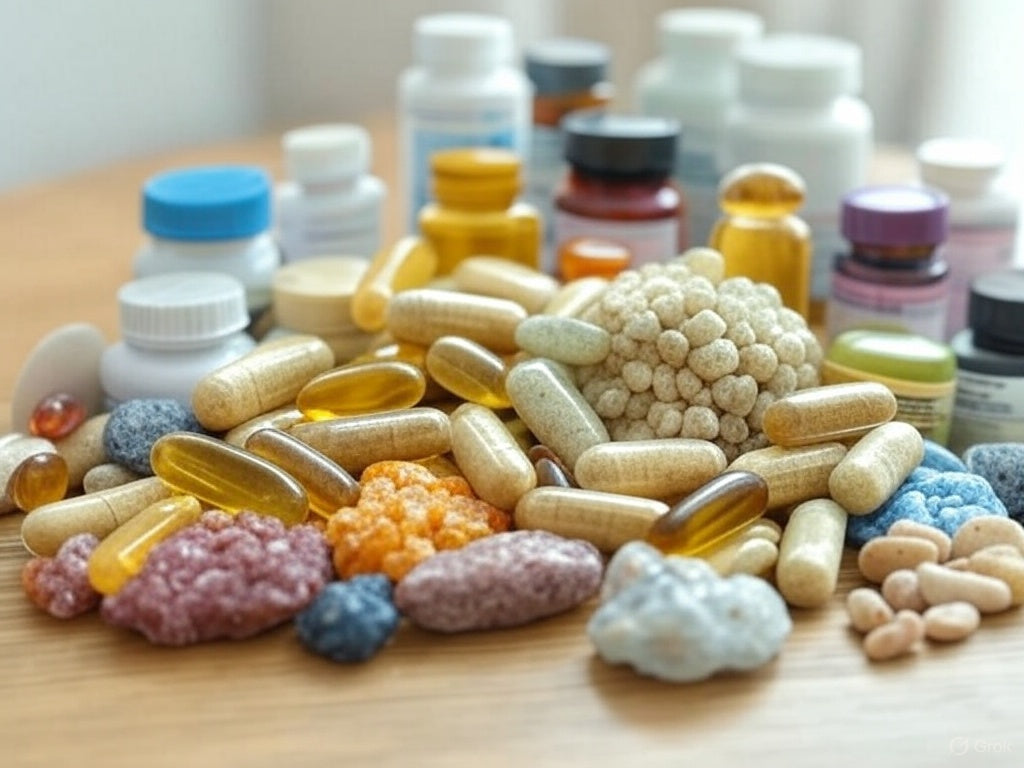 Różne suplementy diety i witaminy na drewnianym stole.