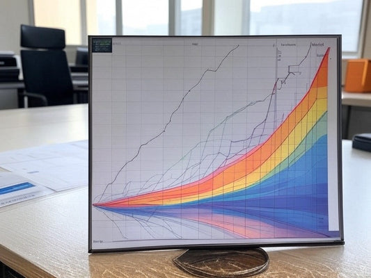 Modern bir ofis ortamında yapay zekanın zaman içindeki büyüme eğilimlerini gösteren renkli grafik.