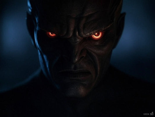Menacing AI figure with glowing red eyes symbolizing artificial intelligence's dark side.