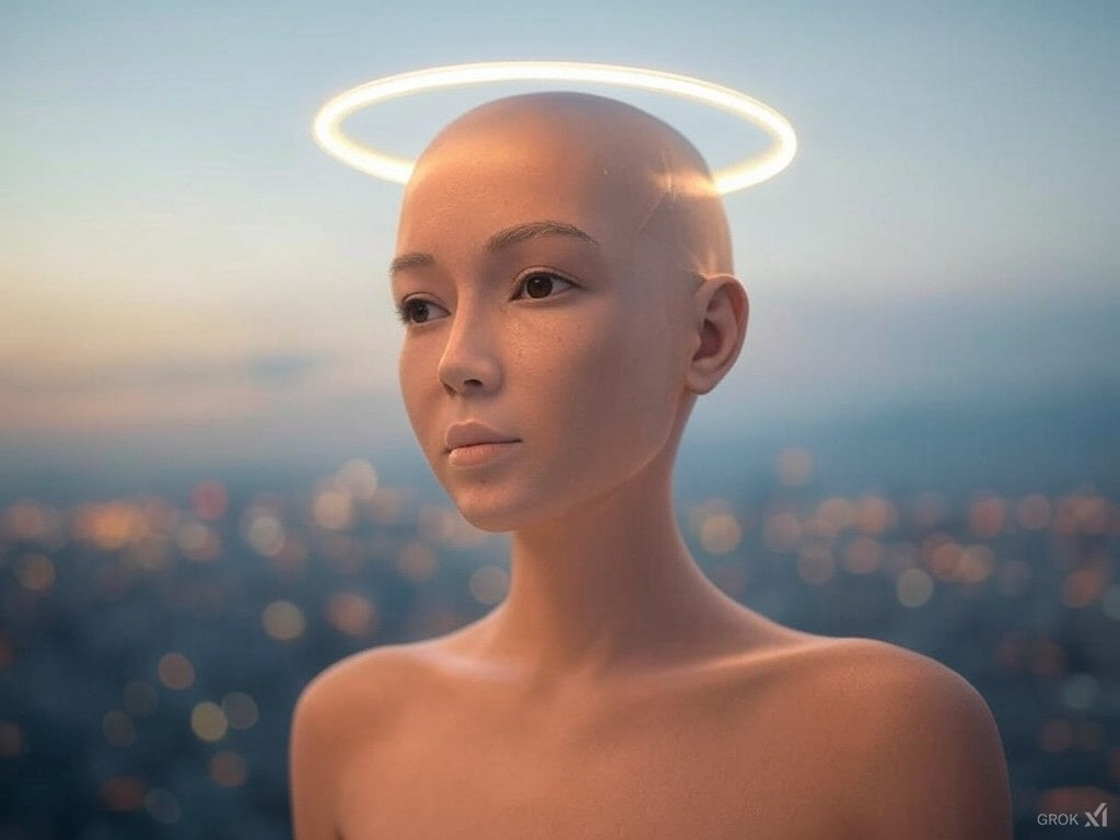 Жасанды интеллект артықшылықтарын білдіретін жарқыраған ореолы бар футуристік AI әйел.