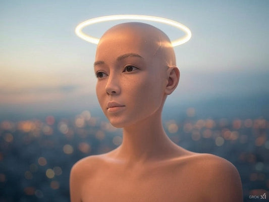 Futuristic AI woman with glowing halo symbolizing artificial intelligence benefits.