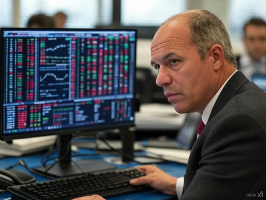 Financial analyst monitors AI-driven stock data, emphasizing human oversight.