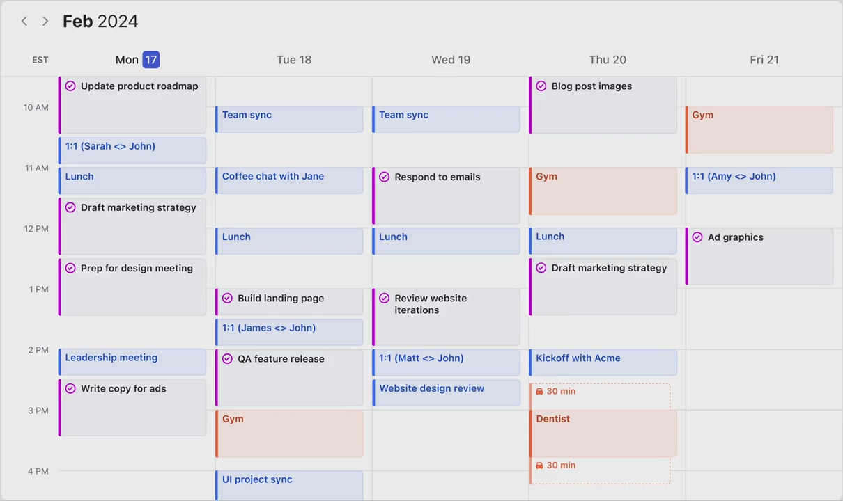 Motion AI Calendar Assistant және Scheduler - түспен кодталған оқиғалар, жиналыстар және өнімділік пен уақытты басқаруға арналған тапсырмалары бар апталық кестені көрсететін пайдаланушылық платформа (ақылы) іскерлік және жеке AI интерфейсі.