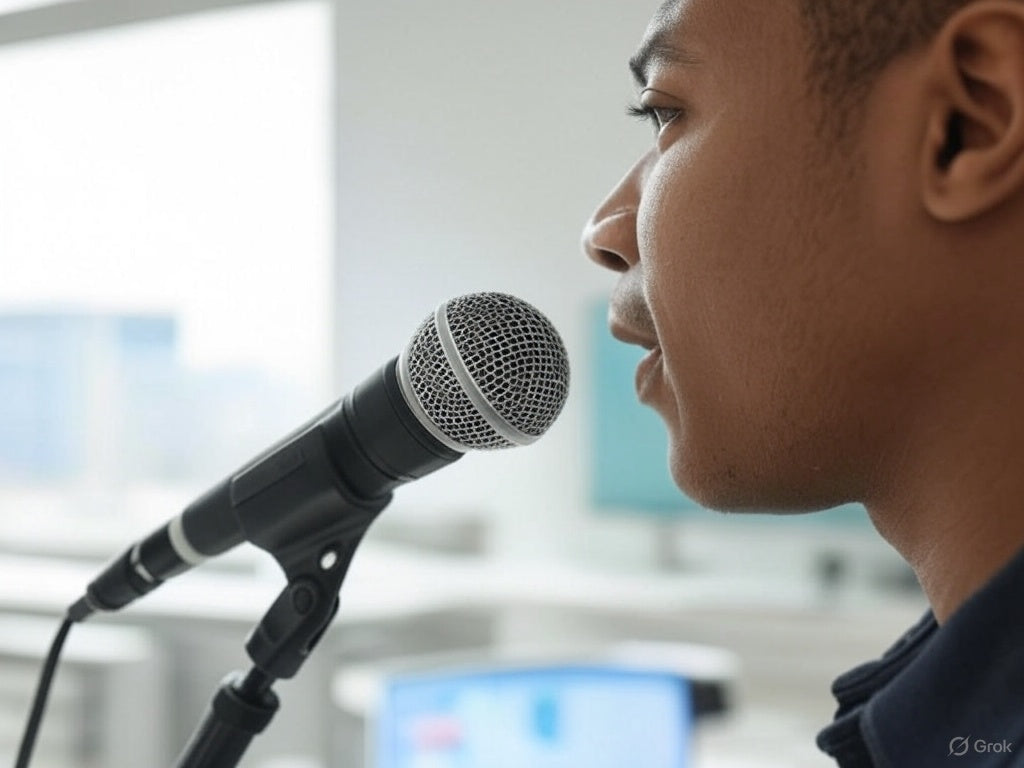 Person using microphone for AI-powered voice content creation.