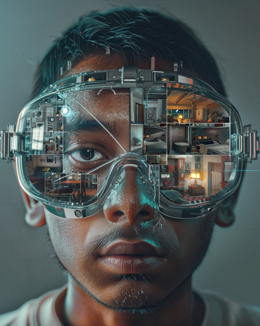Man wearing futuristic AI goggles reflecting smart home technology