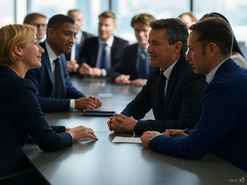 Professionals in a business meeting using Laxis AI transcription tool.