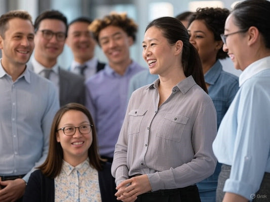 The image shows a diverse group of professionals in a modern office setting. A woman in the center, wearing a light gray blouse, is speaking confidently while others around her listen attentively and smile.