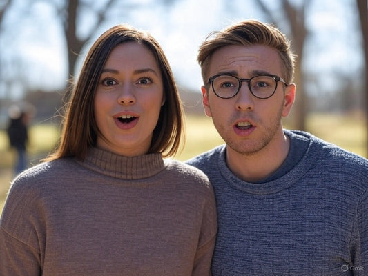 2 people smiling looking shocked