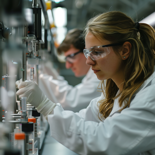 Scientists in lab coats using advanced biotech equipment with AI integration.