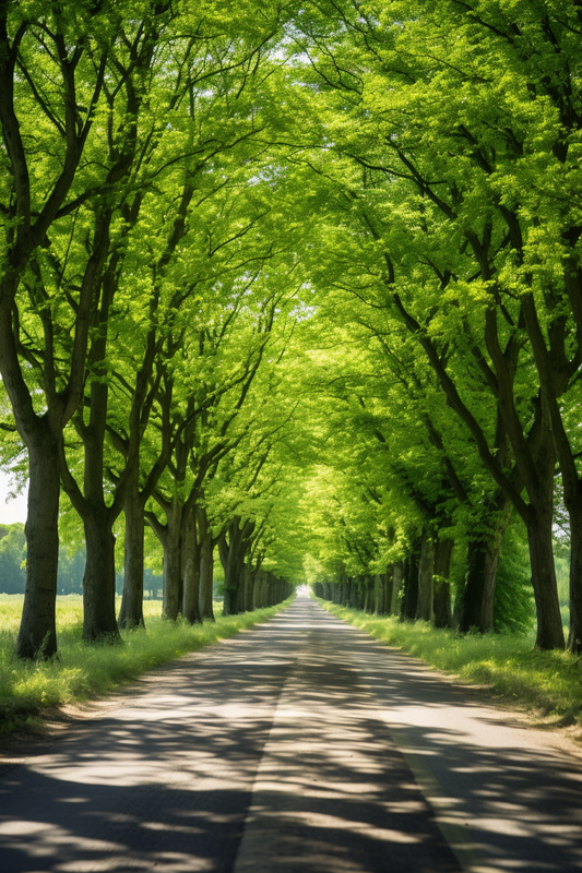 Scenic tree-lined road with lush green canopy in summer sunlight
